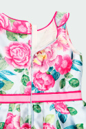 Sukienka w kwiaty bez rękawków z różową tasiemką w pasie 722090-9583 BOBOLI